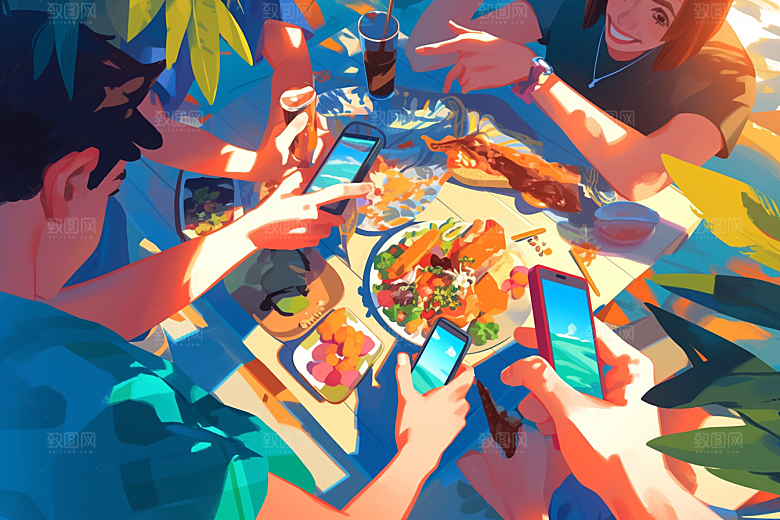 夏日聚会欢乐发小插画