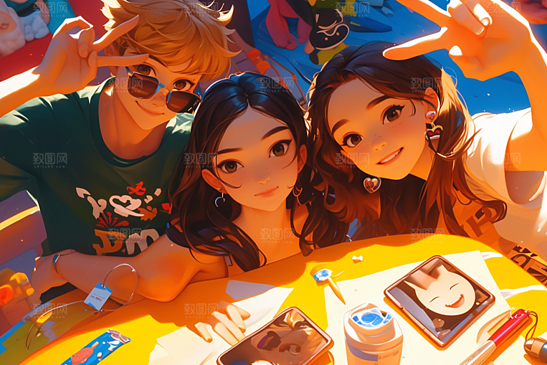 夏日聚会手绘友情插画