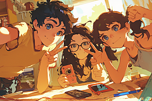 夏日聚会玩耍自拍插画