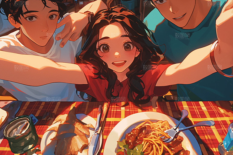 夏日聚会玩耍自拍插画