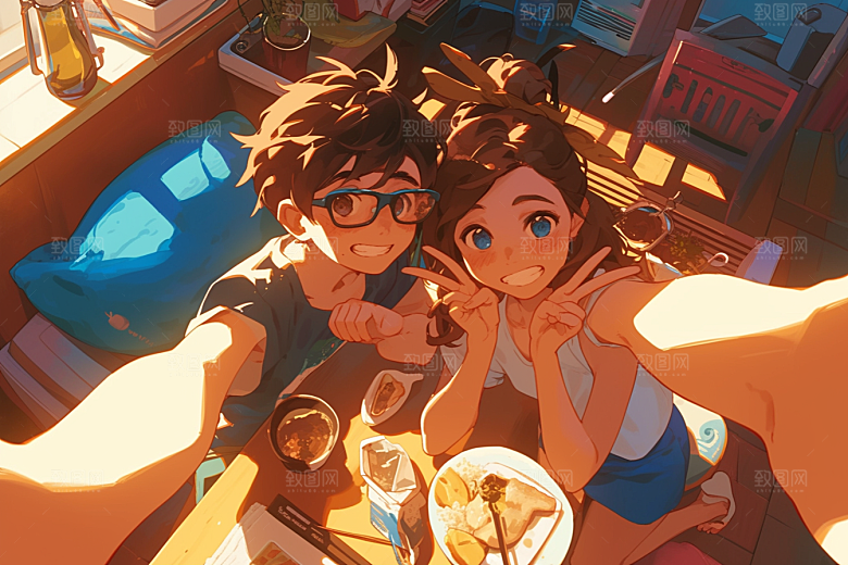 夏日聚会自拍漫画风插画
