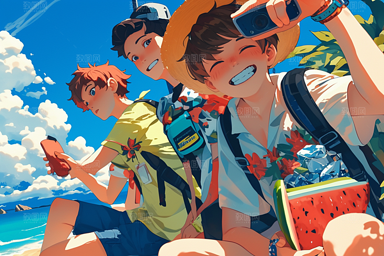 夏日聚会发小自拍插画