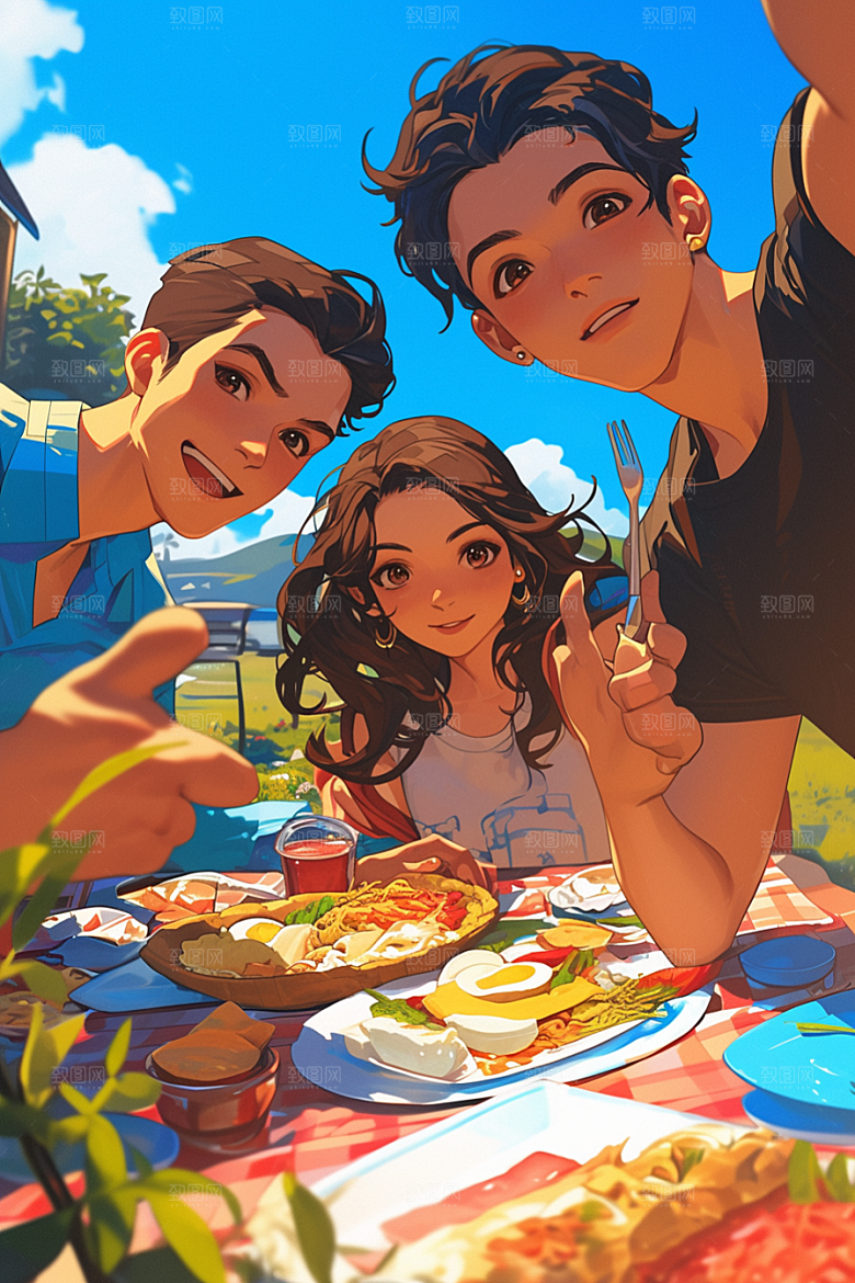 夏日聚会场景暑假插画