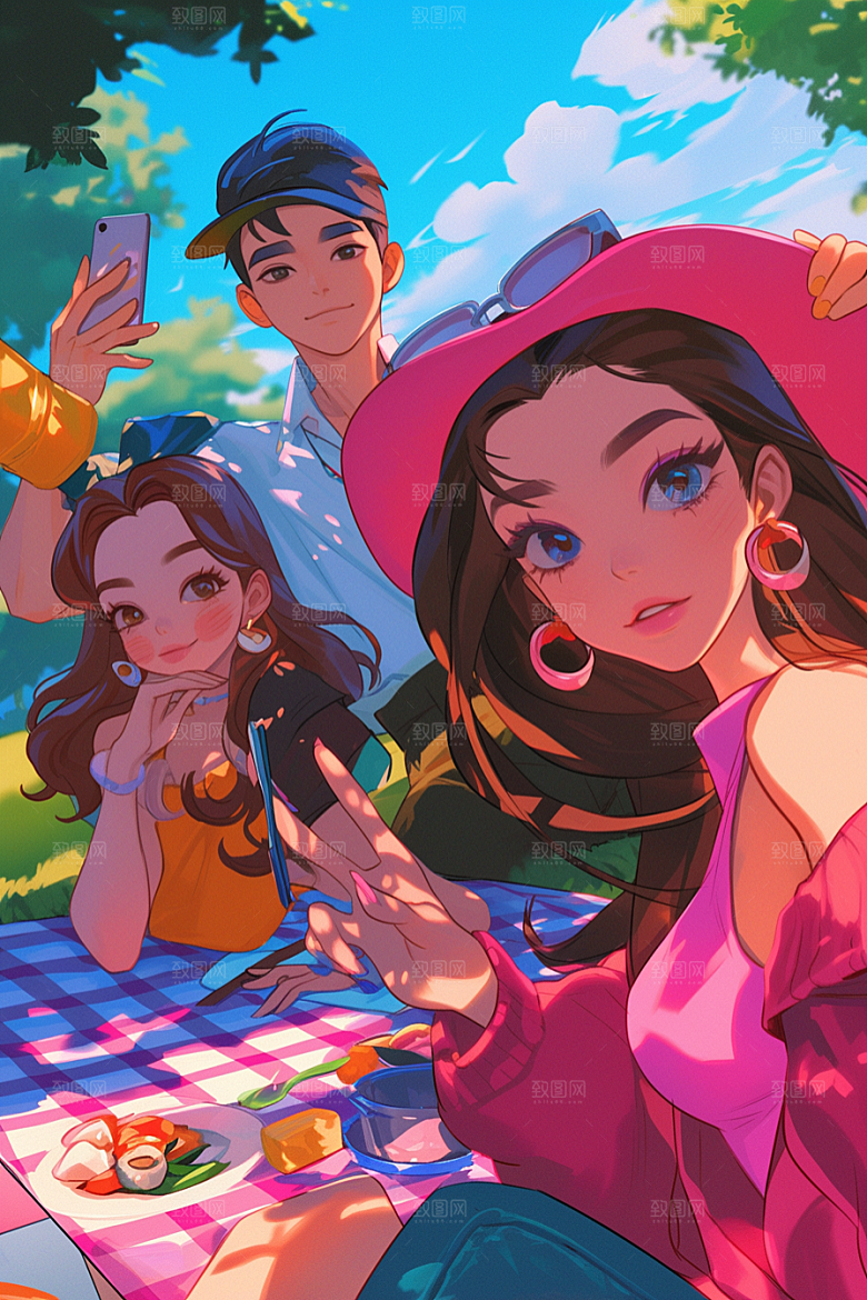 夏日聚会手绘友情插画