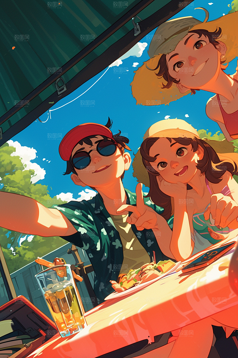 夏日聚会漫画风高清插画