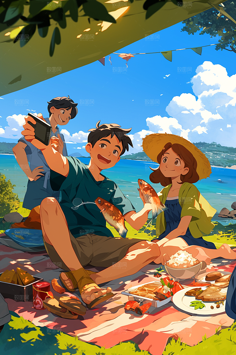 夏日聚会漫画风场景插画