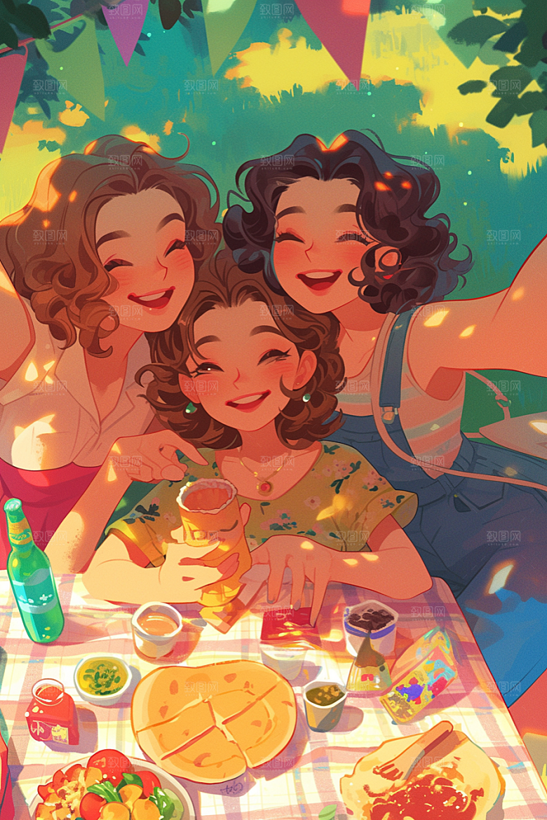 夏日聚会同学假日插画