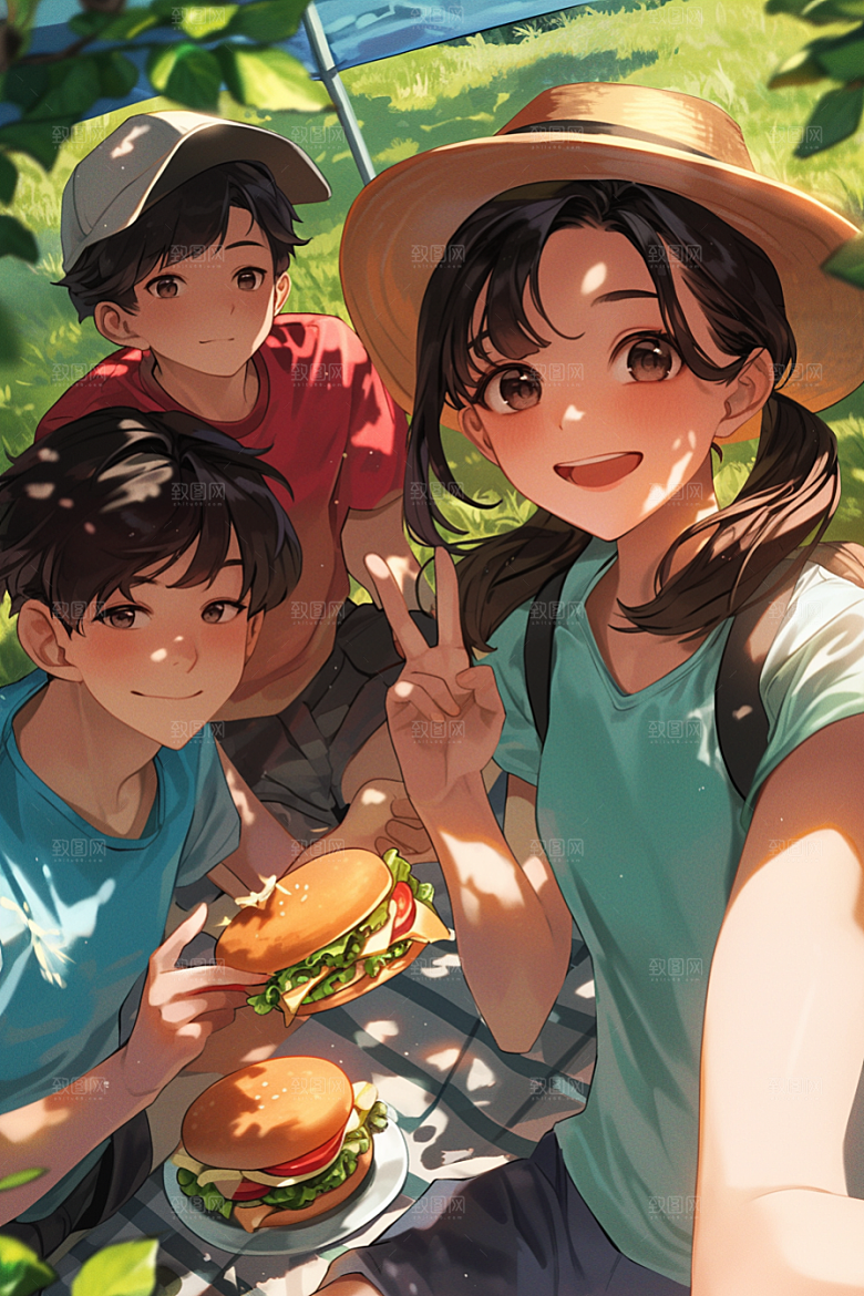 夏日聚会自拍发小插画