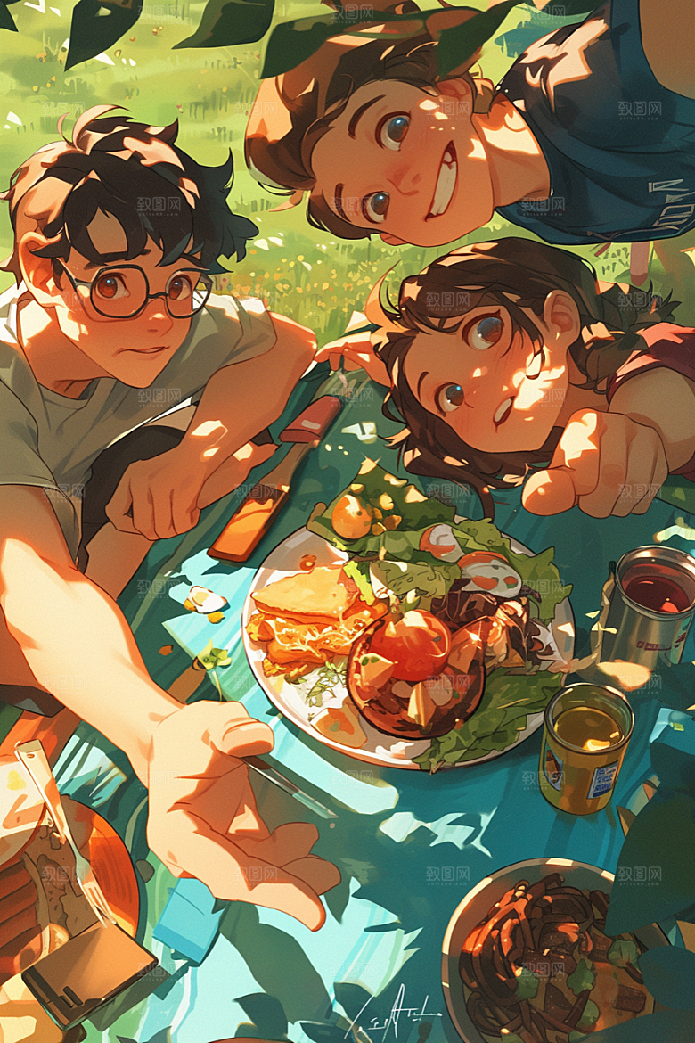 夏日聚会自拍手绘插画