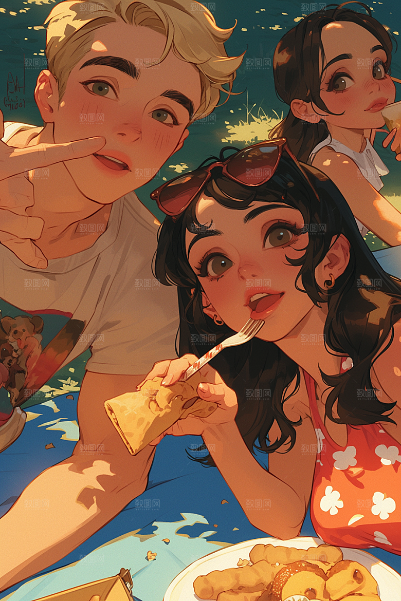 夏日聚会发小自拍插画