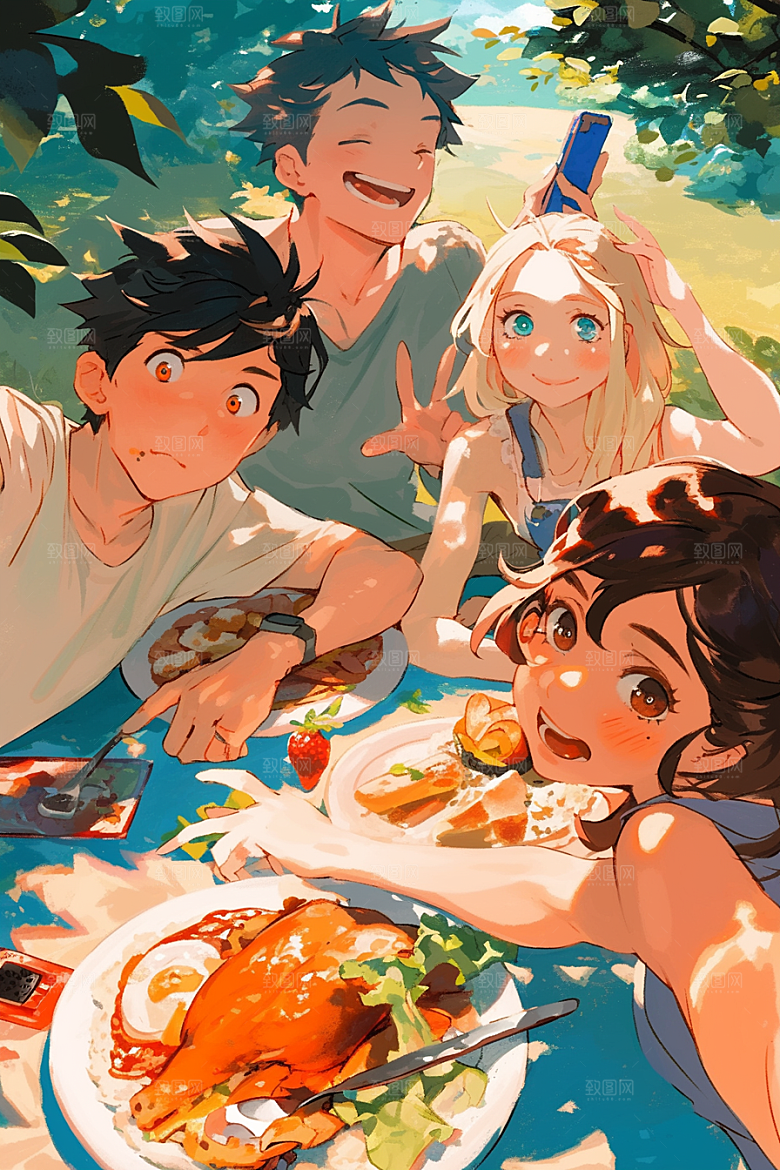 夏日聚会漫画风场景插画