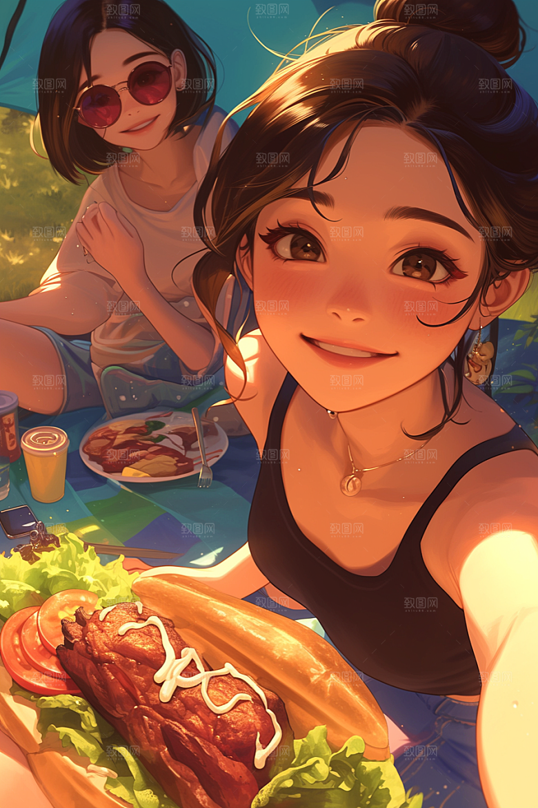 夏日聚会同学自拍插画