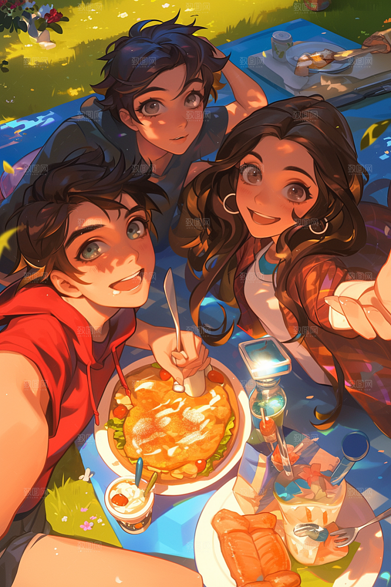 夏日聚会玩耍自拍插画