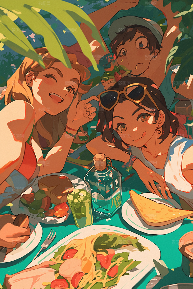 夏日聚会暑假手绘插画