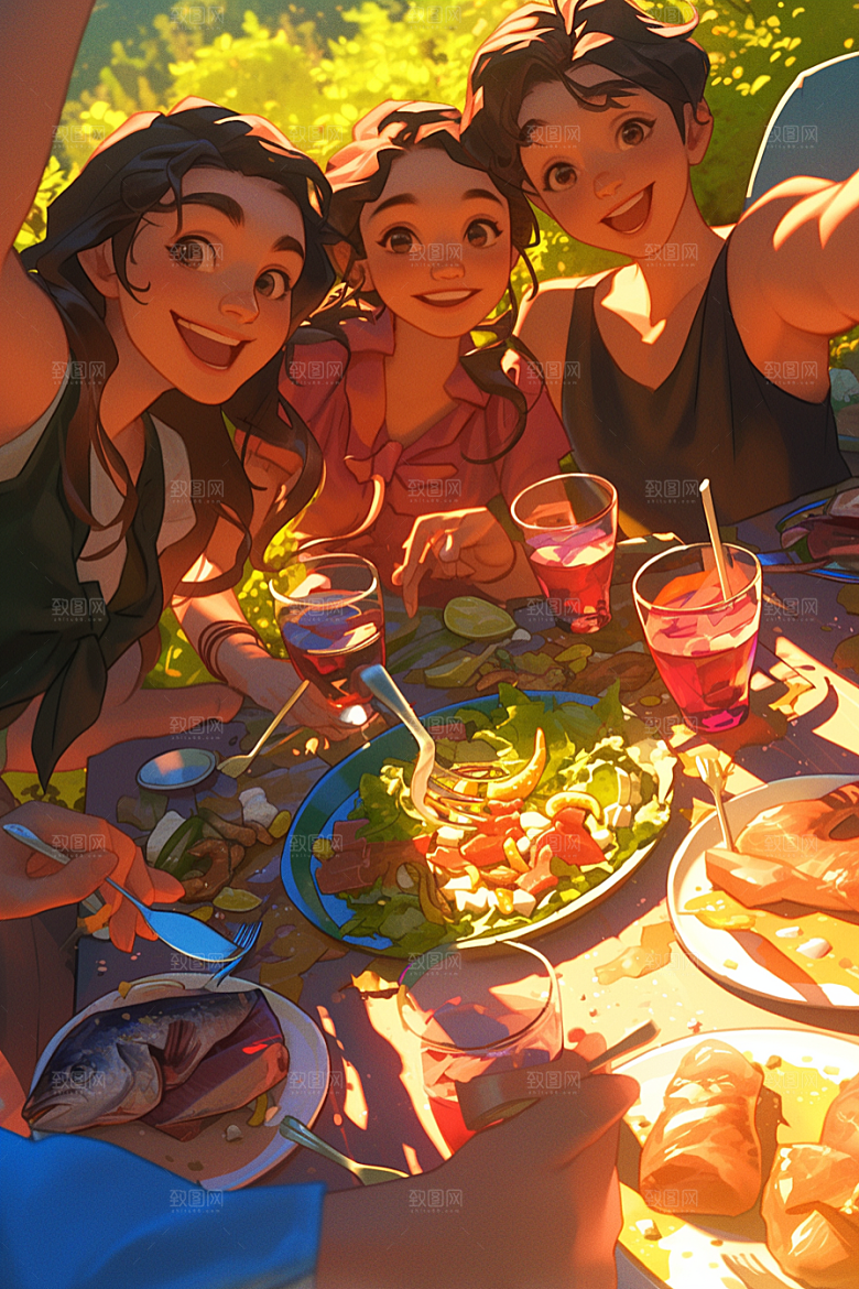 夏日聚会欢乐手绘插画