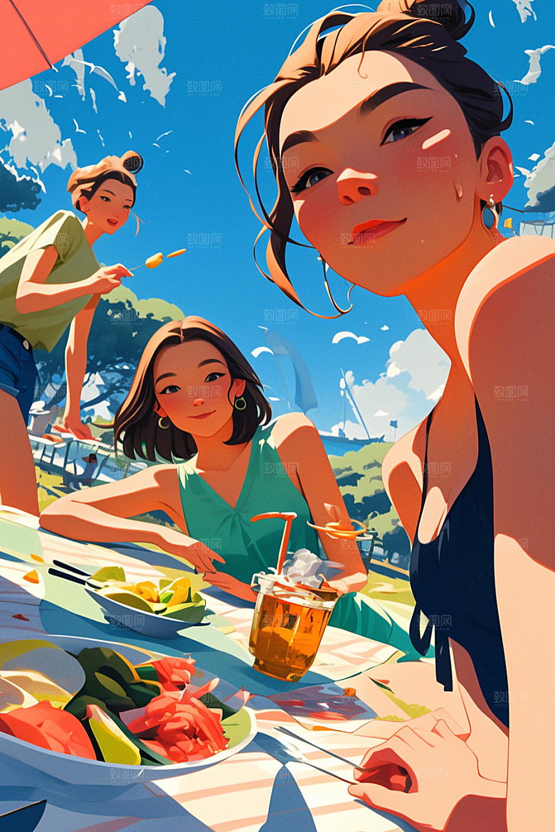 夏日聚会同学手绘插画