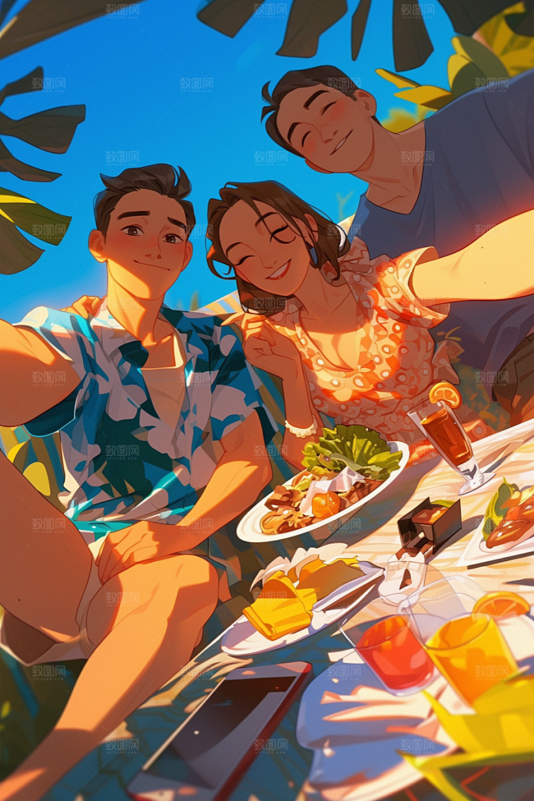 夏日聚会漫画风自拍插画