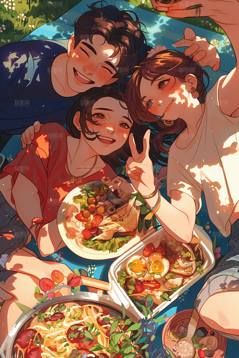 夏日聚会漫画风手绘插画