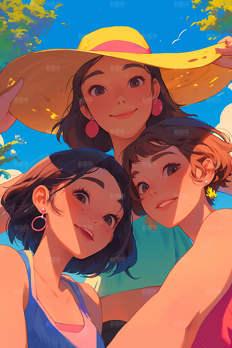 夏日聚会暑假手绘插画