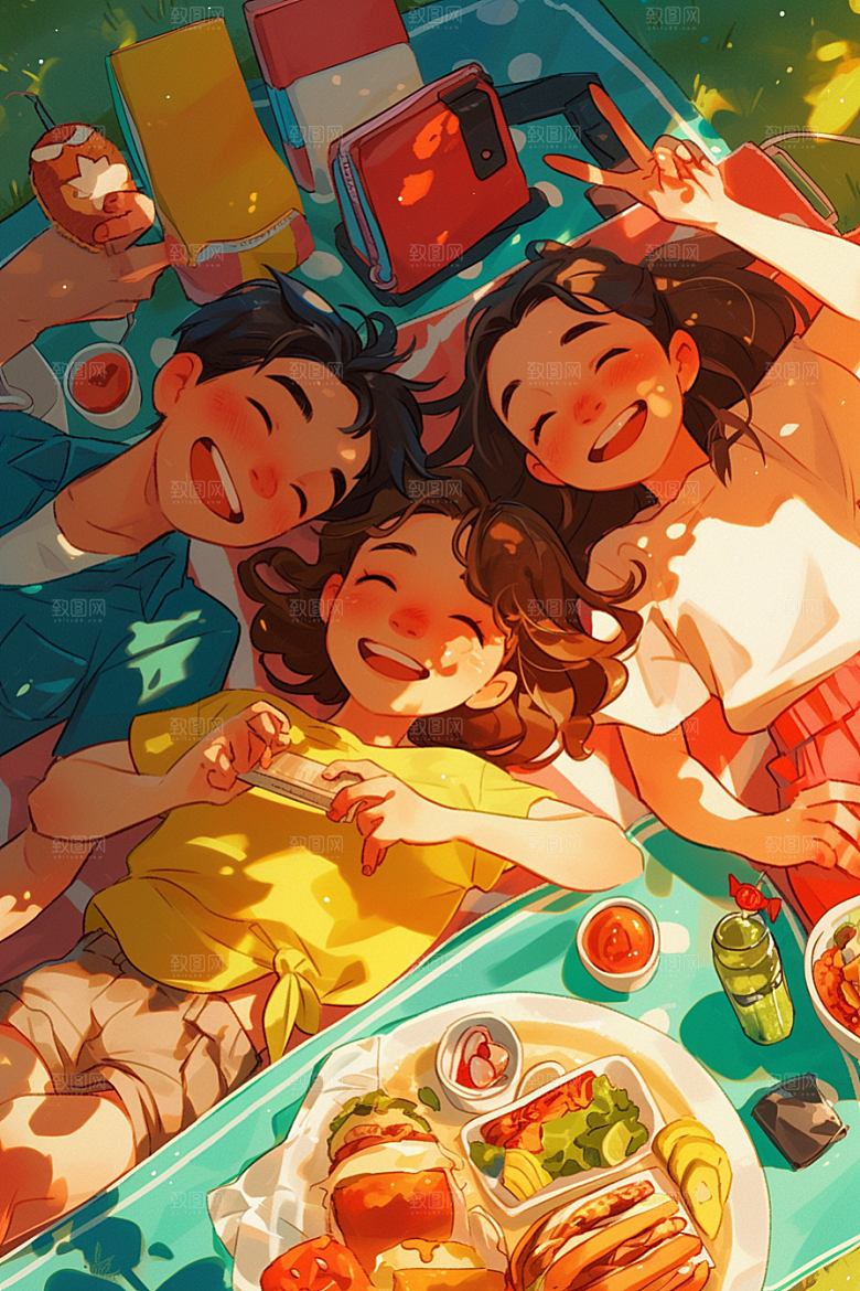夏日聚会自拍漫画风插画