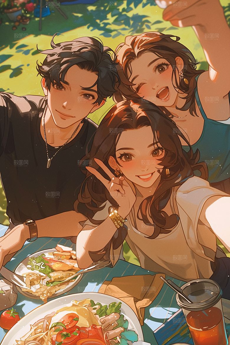 夏日聚会暑假友情插画