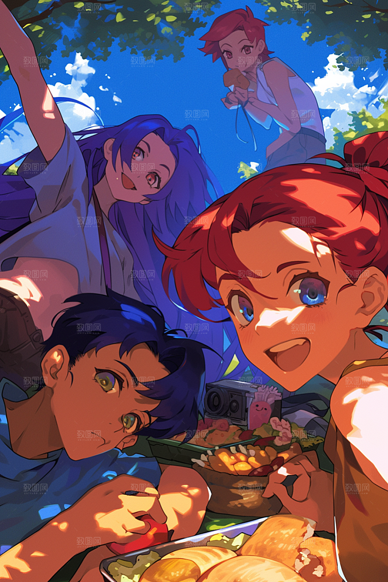夏日聚会场景自拍插画