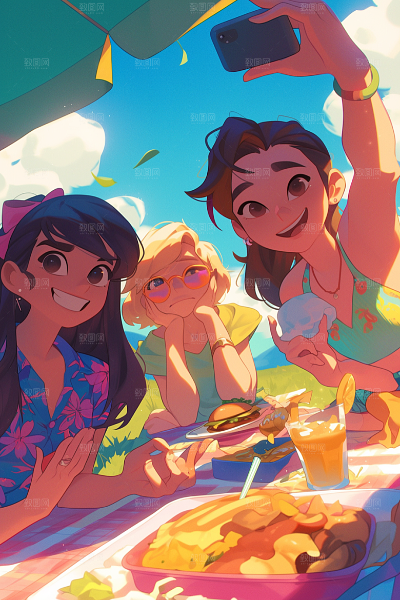 夏日聚会友情手绘插画