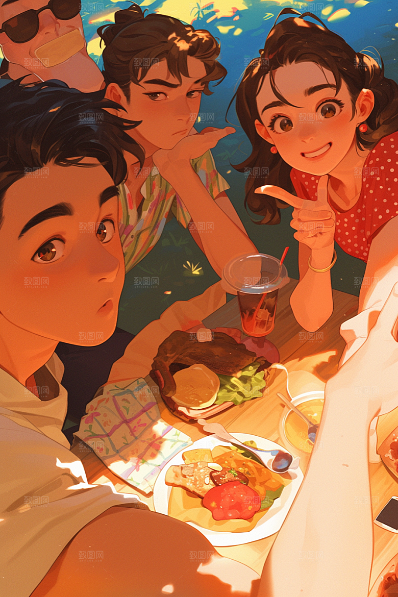 夏日聚会漫画风场景插画