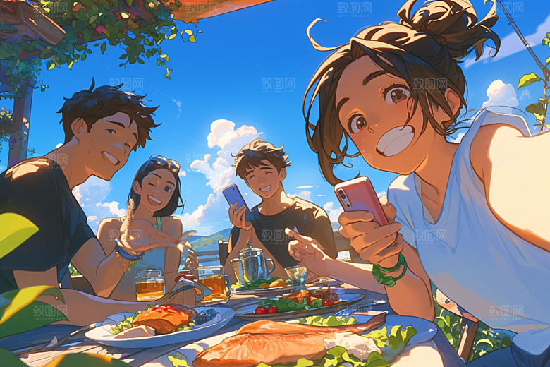 夏日聚会友情同学插画