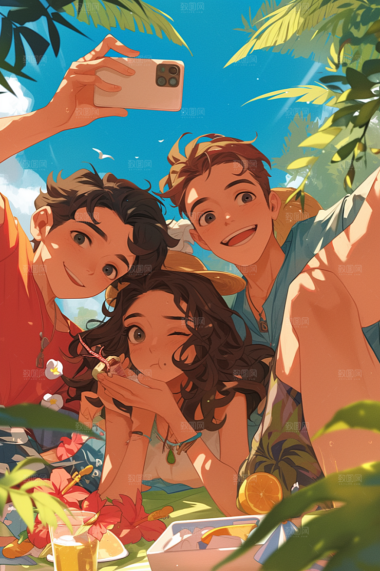 夏日聚会同学假日插画
