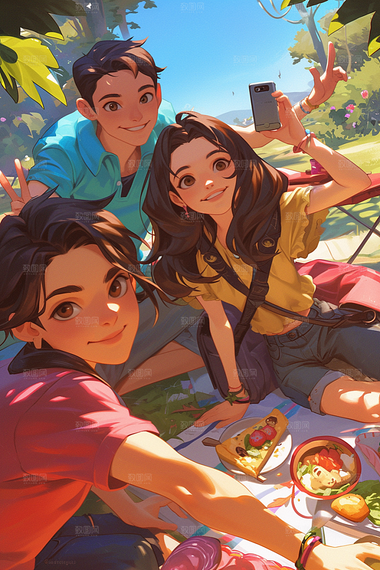 夏日聚会欢乐同学插画