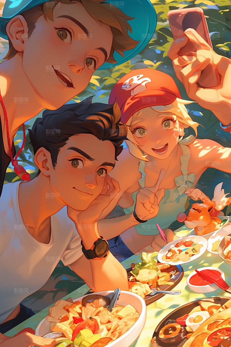 夏日聚会暑假自拍插画