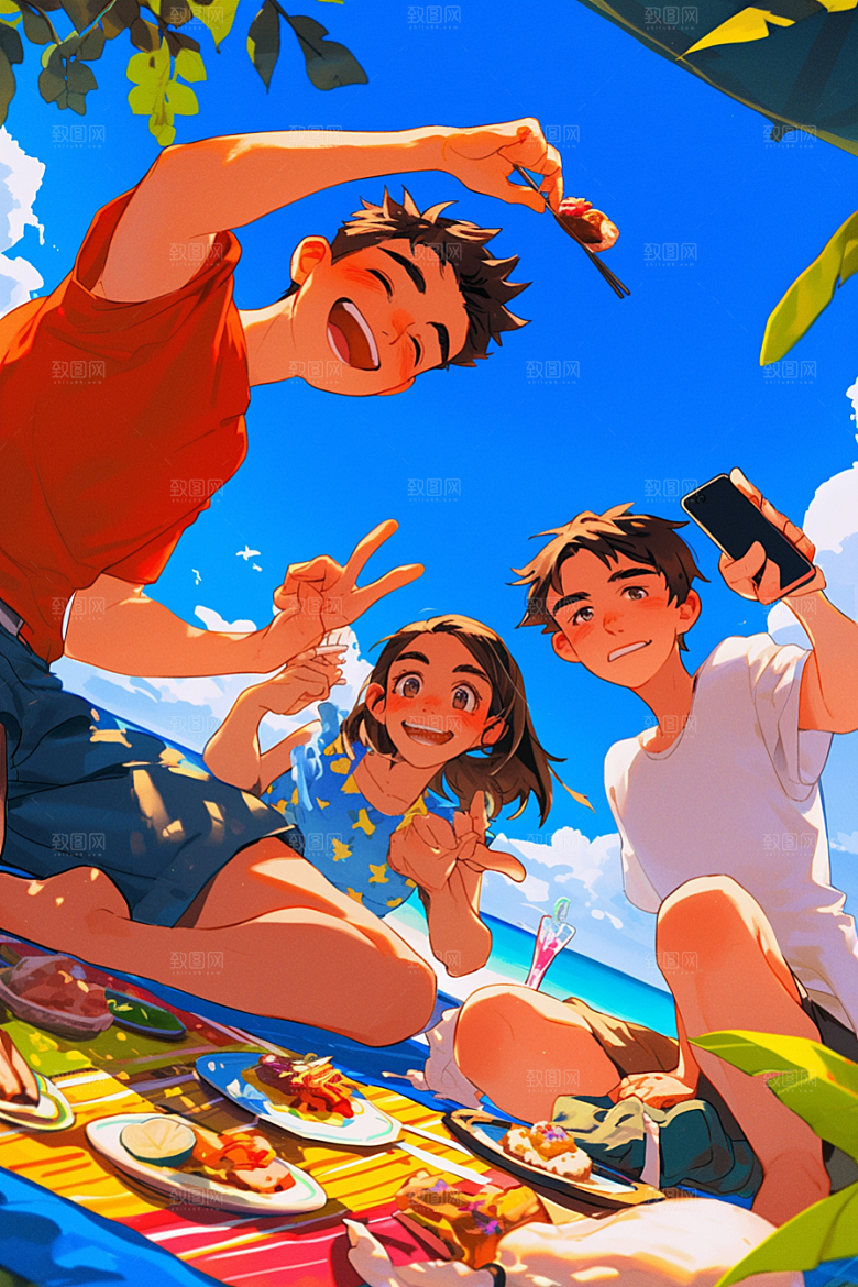 夏日聚会暑假发小插画