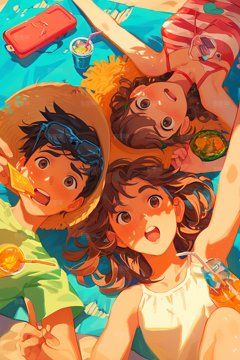 夏日聚会友情自拍插画