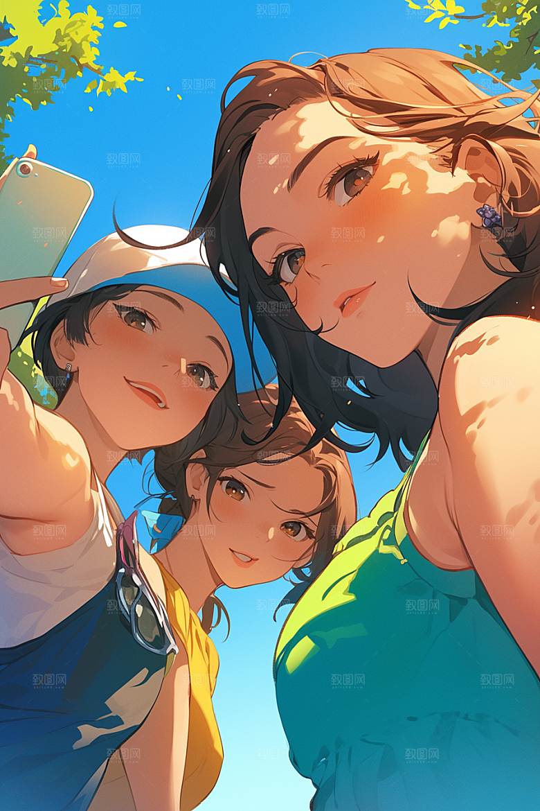 夏日聚会发小漫画风插画