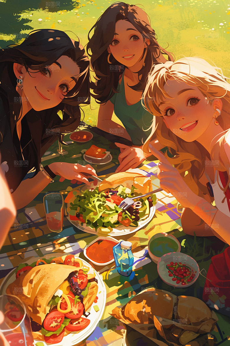 夏日聚会漫画风发小插画