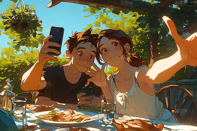 夏日聚会自拍玩耍插画