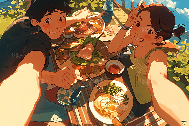 夏日聚会友谊漫画风插画
