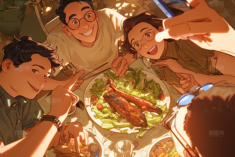夏日聚会自拍发小插画