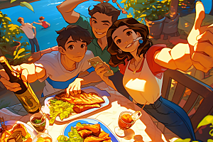 夏日聚会高清手绘插画
