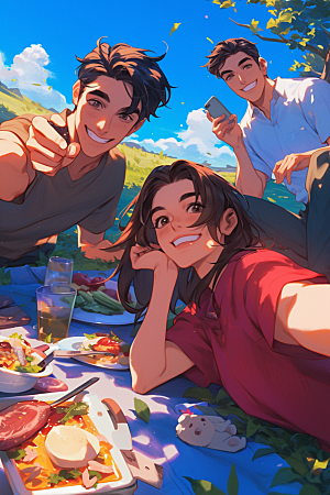 夏日聚会友情同学插画