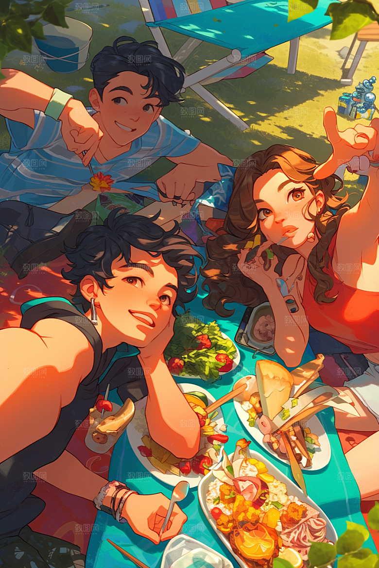 夏日聚会发小场景插画