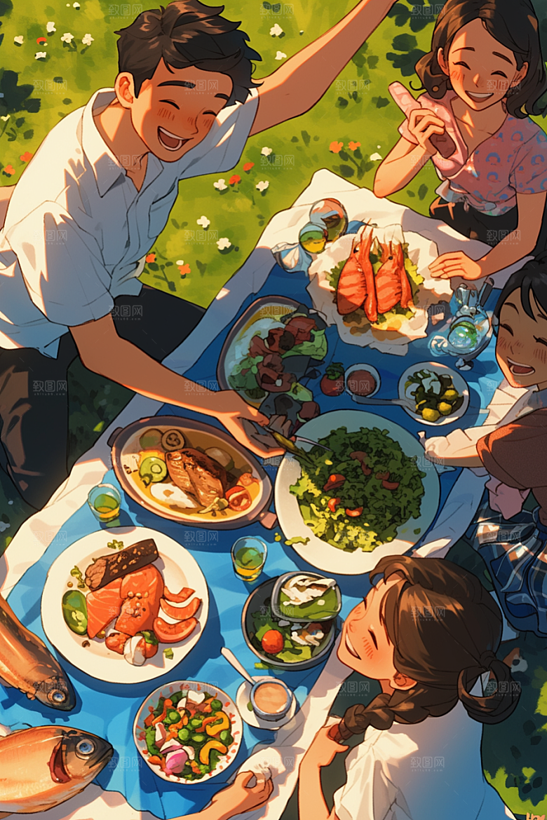 夏日聚会漫画风发小插画