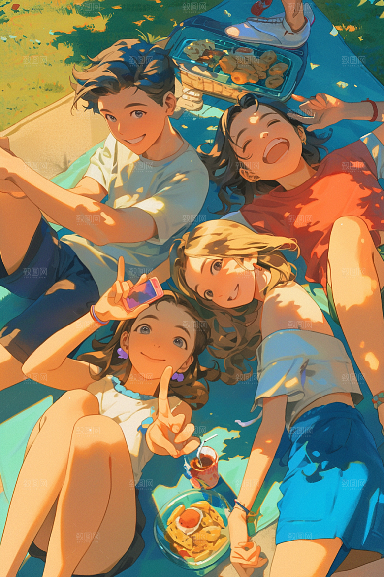 夏日聚会同学暑假插画