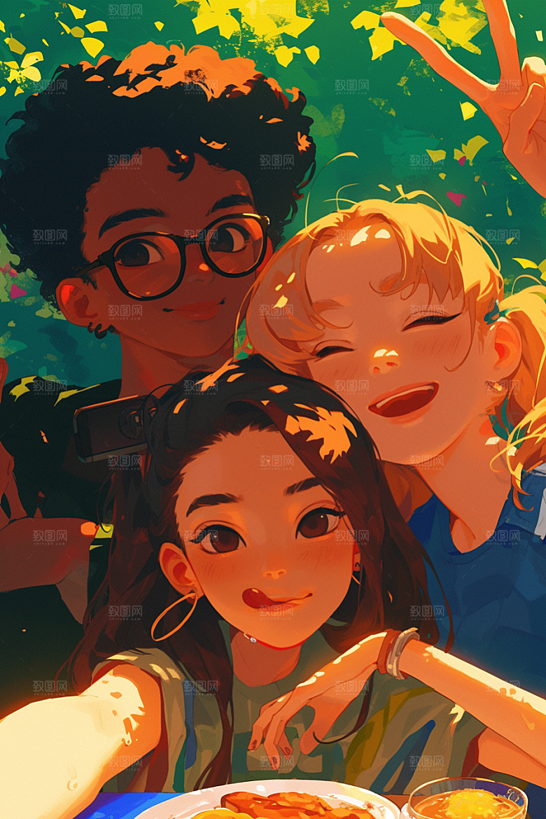 夏日聚会假日同学插画