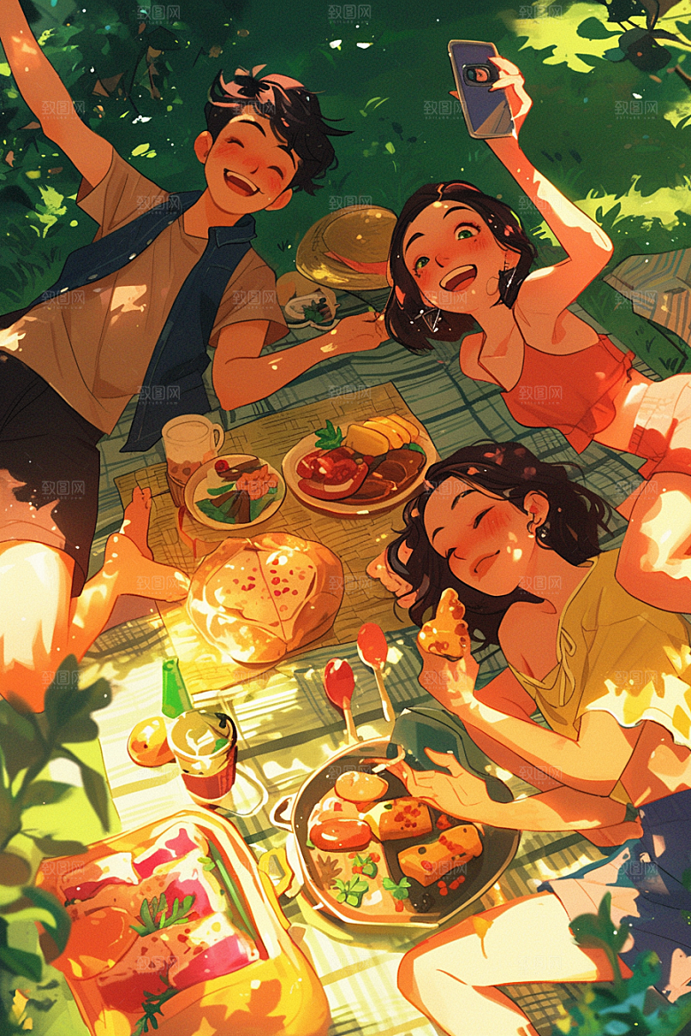 夏日聚会同学自拍插画