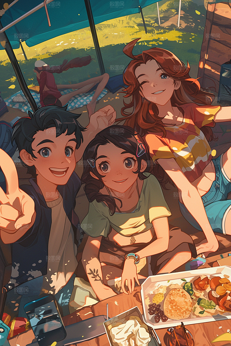 夏日聚会手绘发小插画