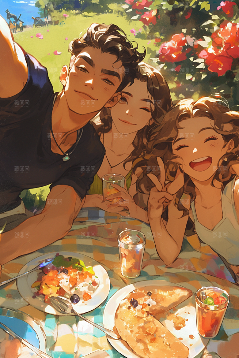 夏日聚会玩耍漫画风插画