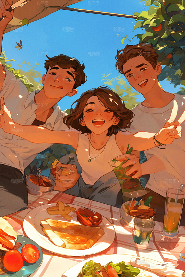 夏日聚会高清漫画风插画