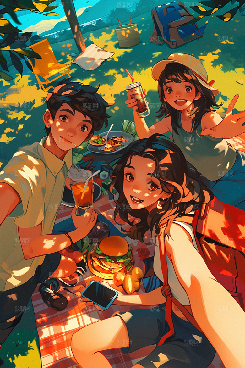 夏日聚会漫画风欢乐插画